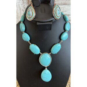 Vintage Faux Turquoise Southwest Boho Necklace & Earrings Statement